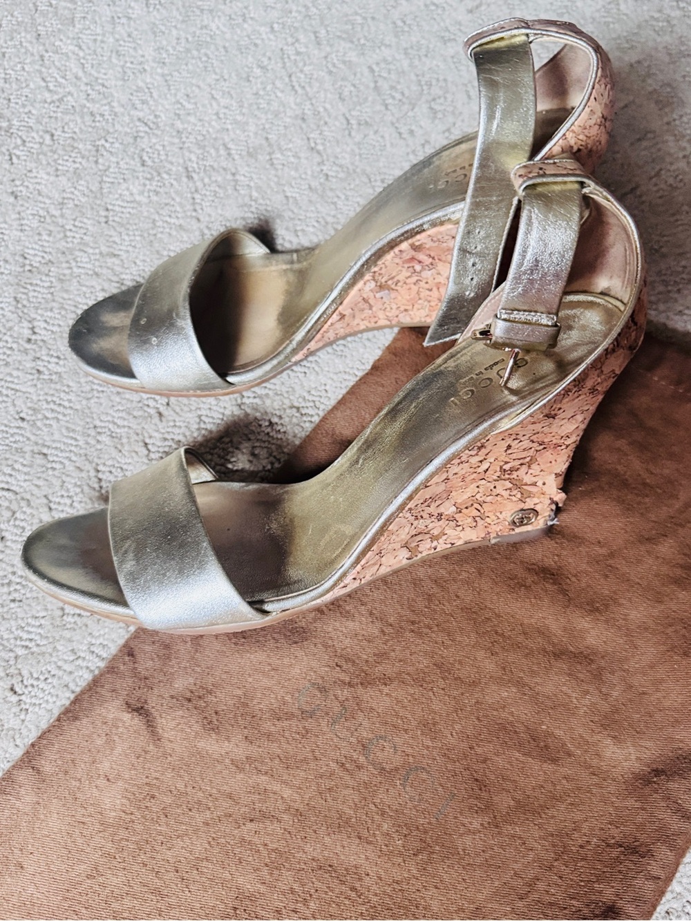 Gucci ankle strap leather Metallic Gold Cork Wedge Sandals